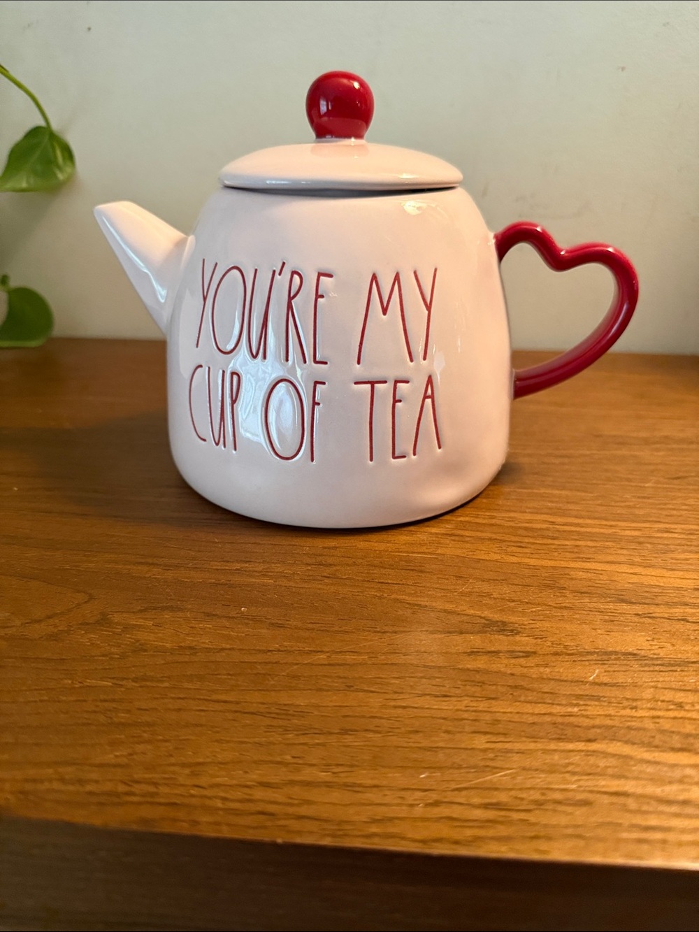 Rae Dunn Pink Ceramic Teapot with Red Heart Handle